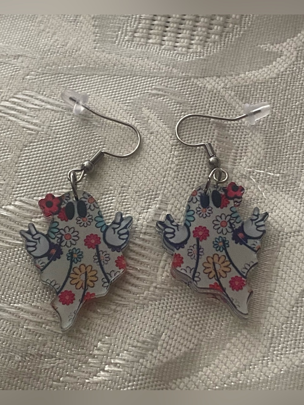 Earrings 1.25”H Summerween Ghosts Ghost Hippie Flowers Peace Sign Halloween New